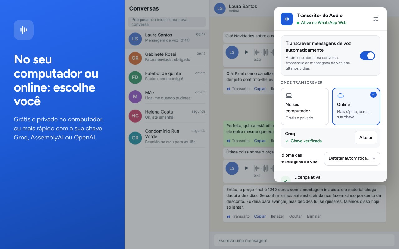 Painel da extensão: motor local ou serviço online