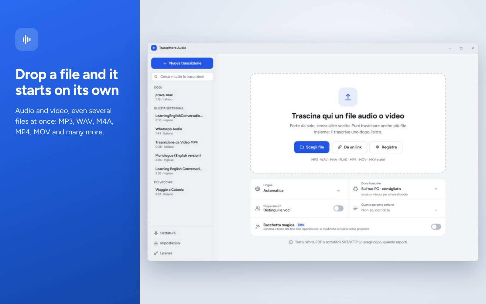 Drag a file to start: audio and video, including multiple files