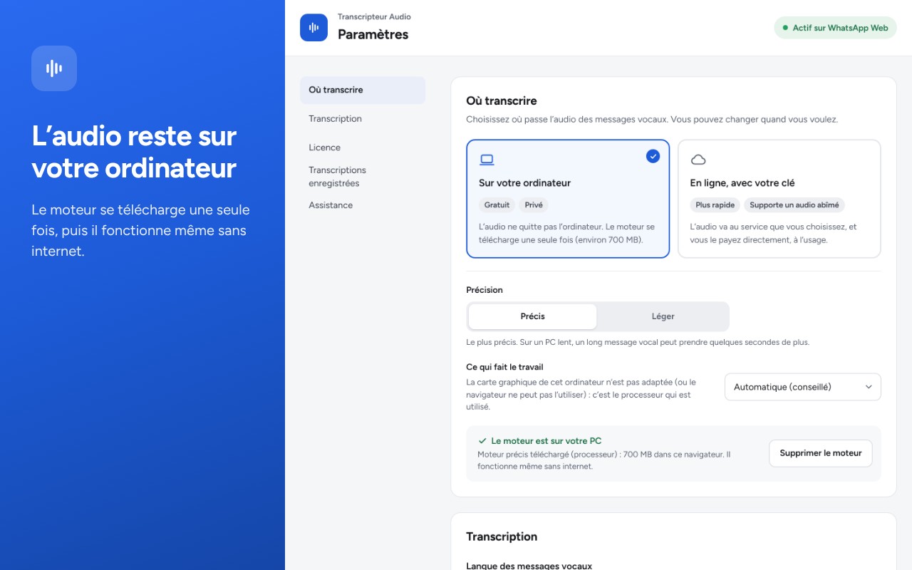 Réglages de l’extension avec le moteur local téléchargé