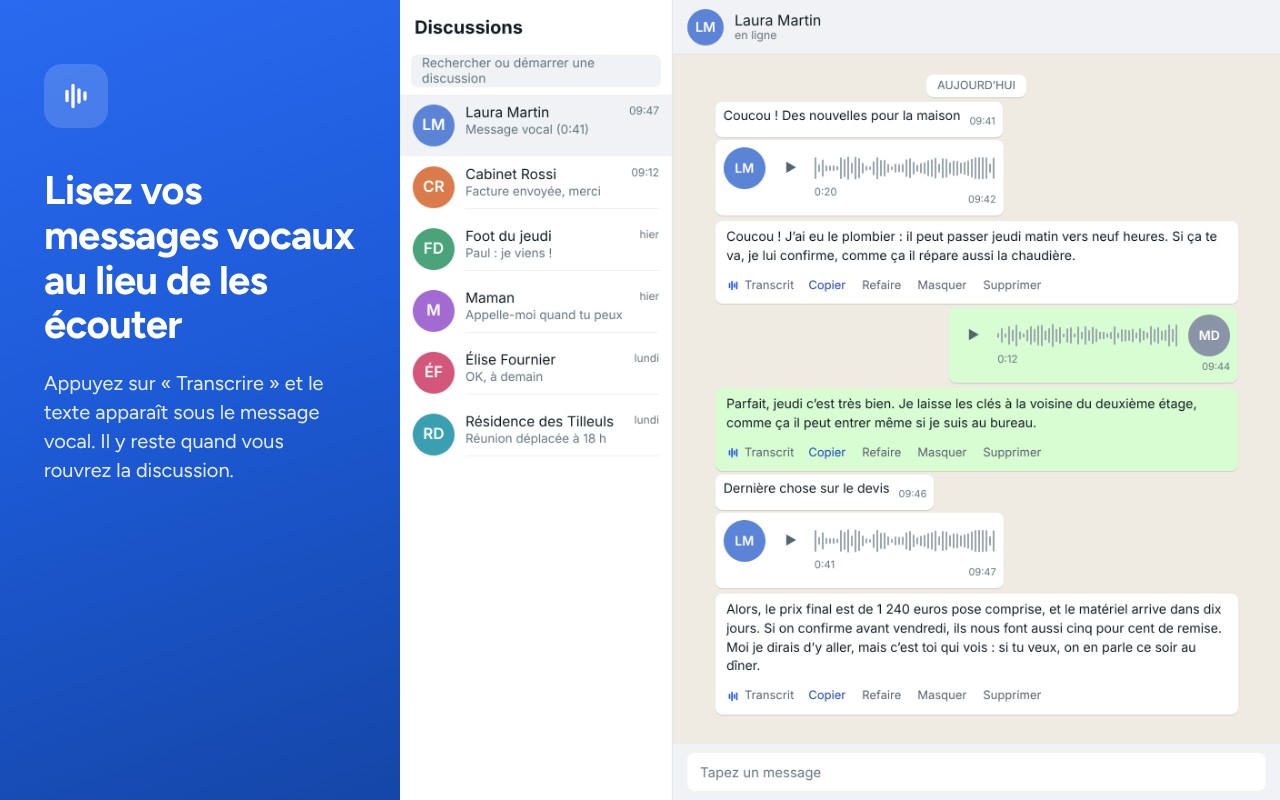 La transcription sous un message vocal WhatsApp Web
