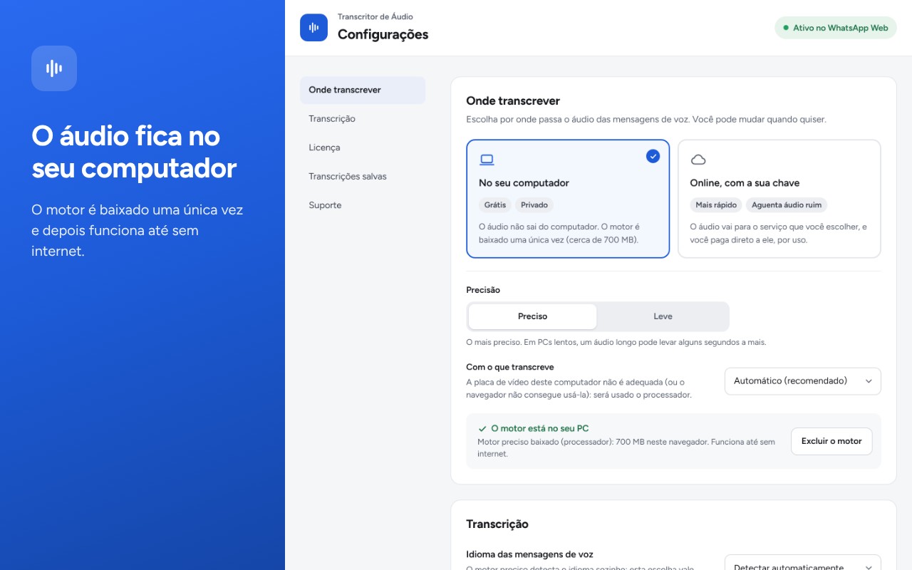 Configurações da extensão com o mecanismo local já baixado