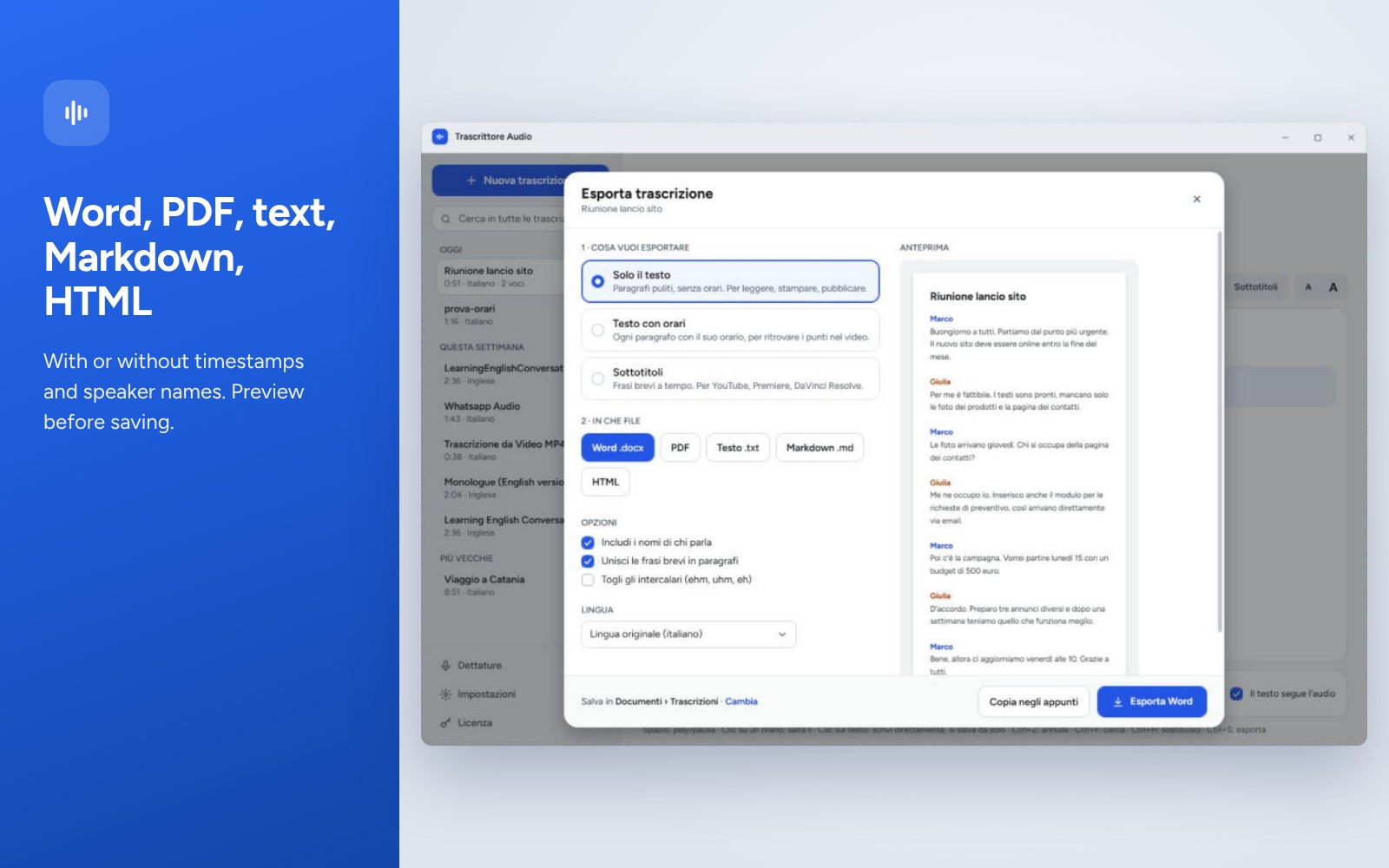 Export to Word, PDF, text, Markdown and HTML with a preview