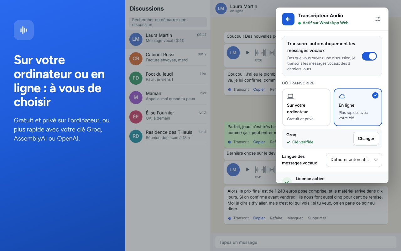 Panneau de l’extension : moteur local ou service en ligne