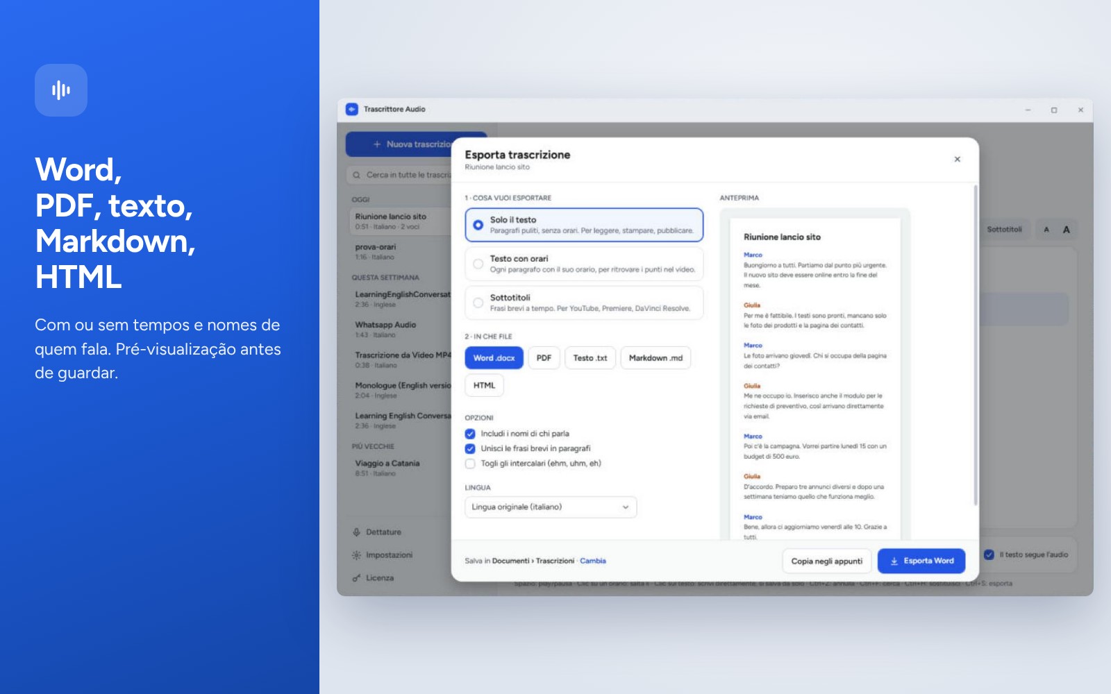 Exportação para Word, PDF, texto, Markdown e HTML com pré-visualização