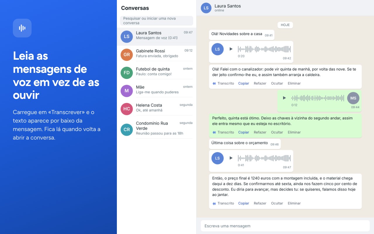 A transcrição por baixo de uma mensagem de voz no WhatsApp Web