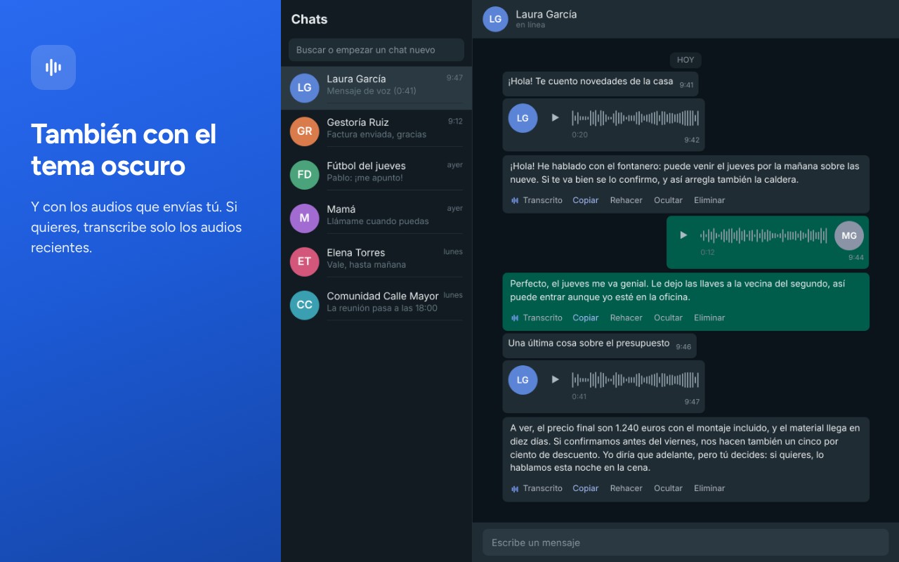 La extensión con el tema oscuro