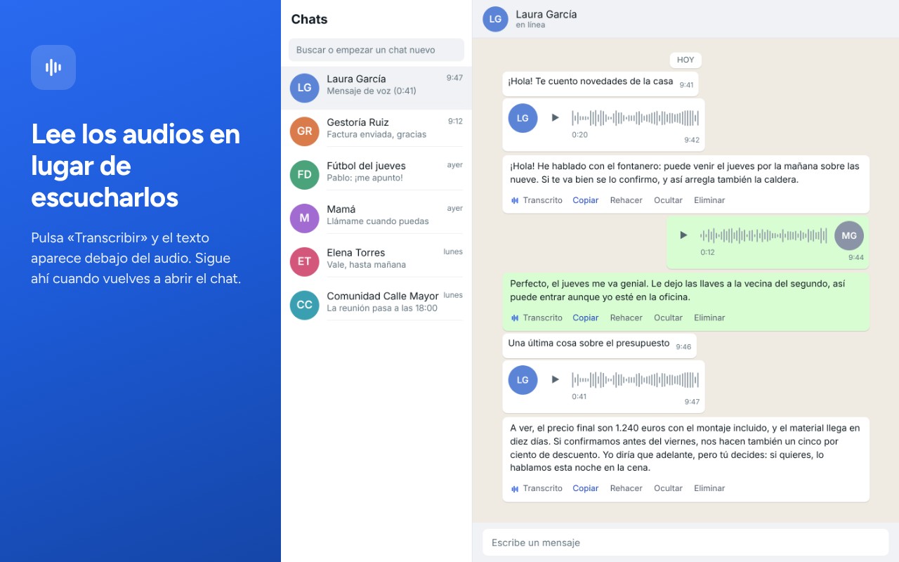 La transcripción debajo de un mensaje de voz en WhatsApp Web
