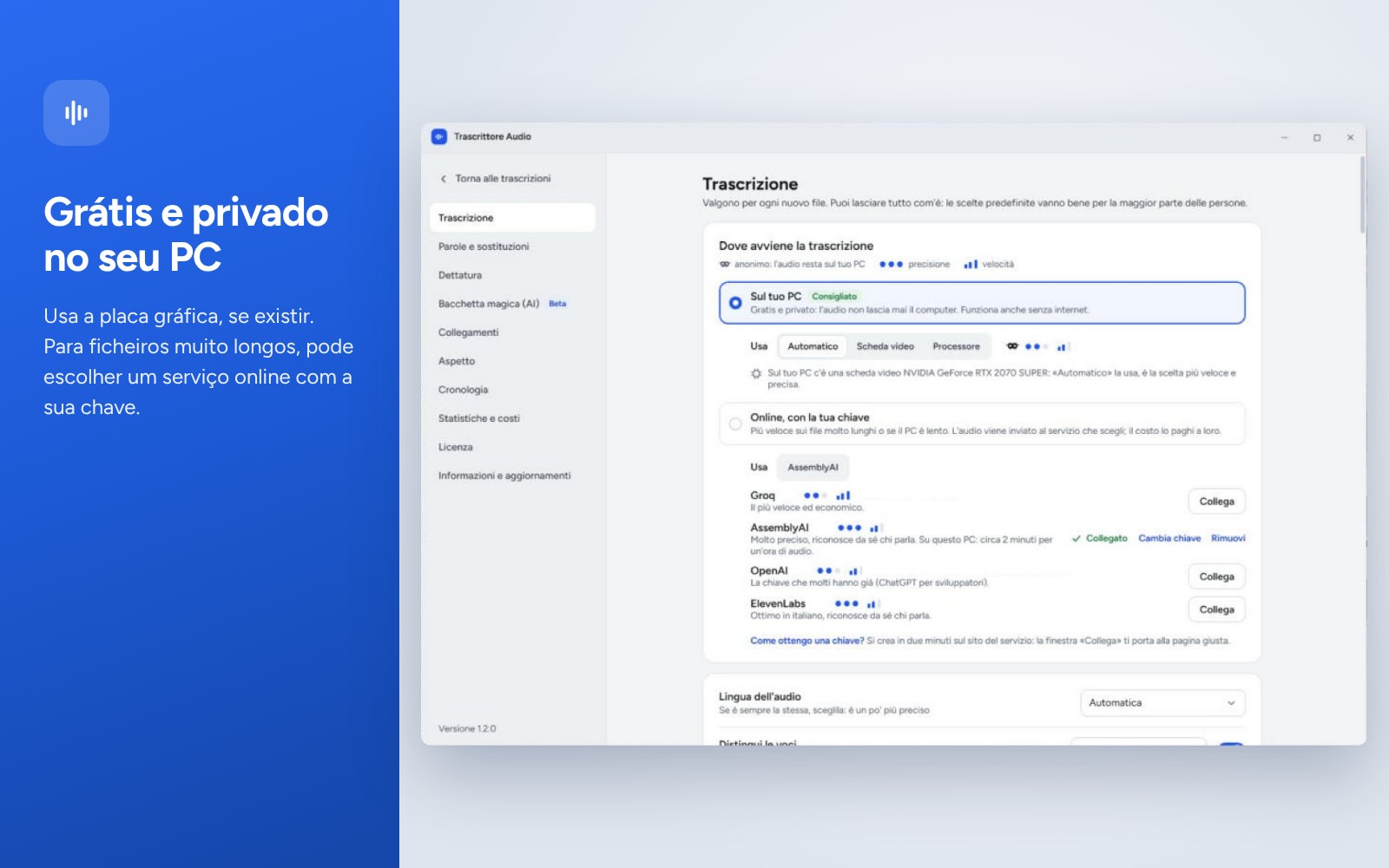 Transcrição gratuita e privada no PC ou online com a sua chave