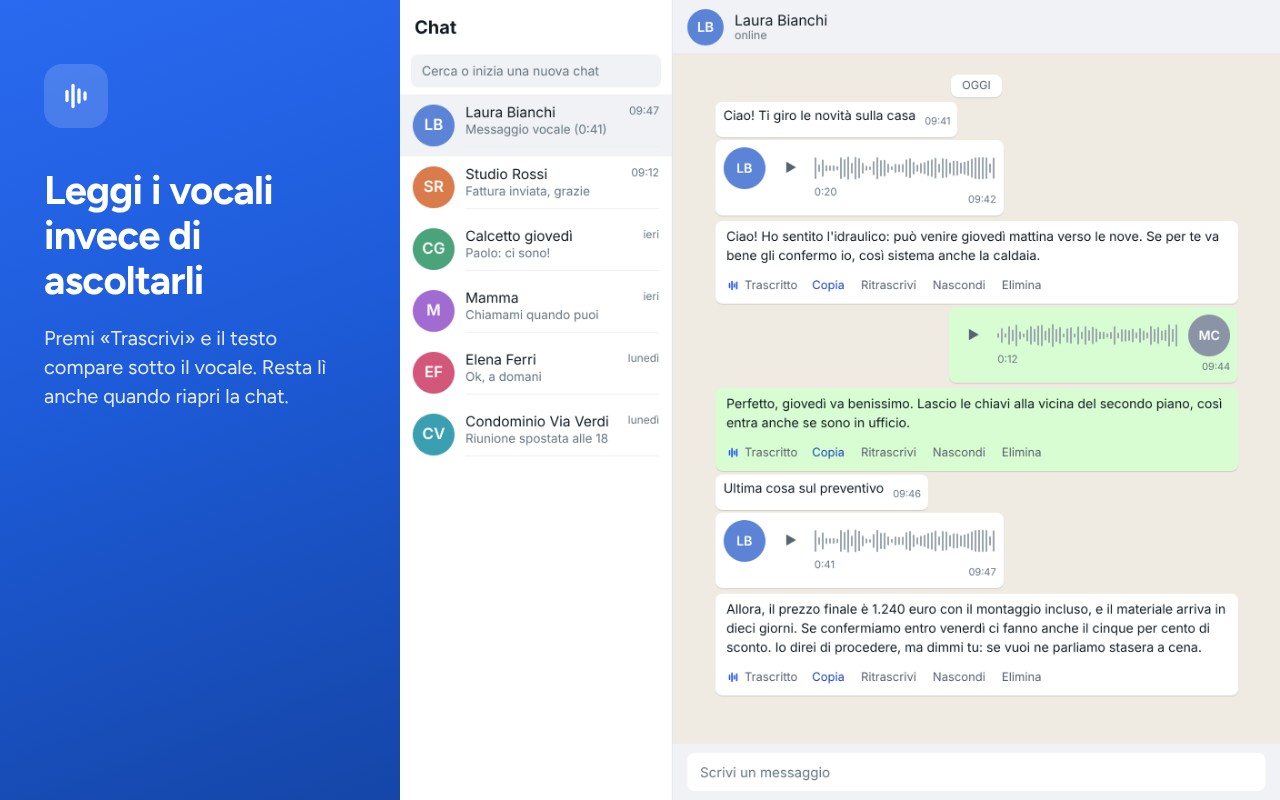 La trascrizione compare sotto il vocale in una chat di WhatsApp Web