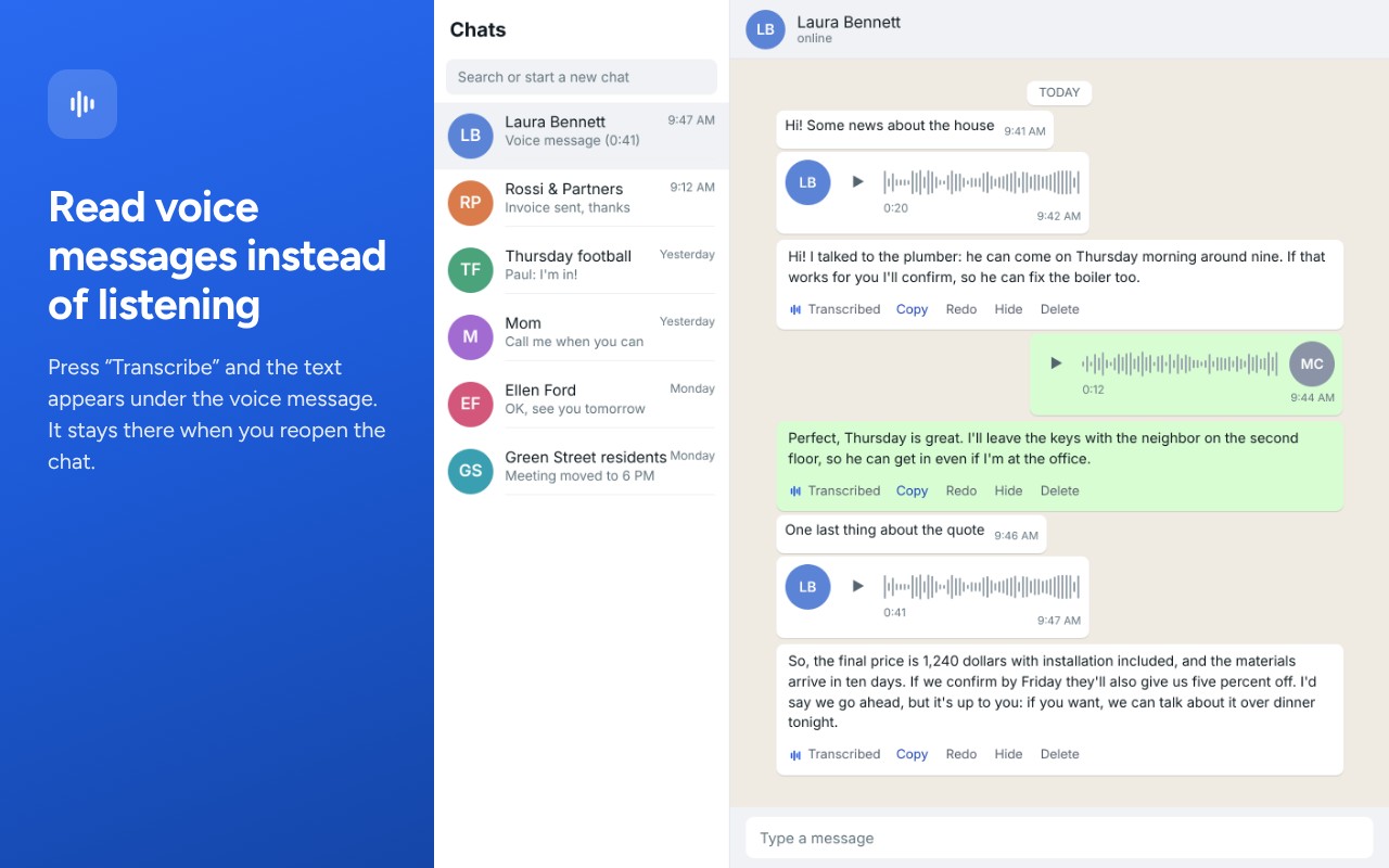 Transcription below a WhatsApp Web voice message