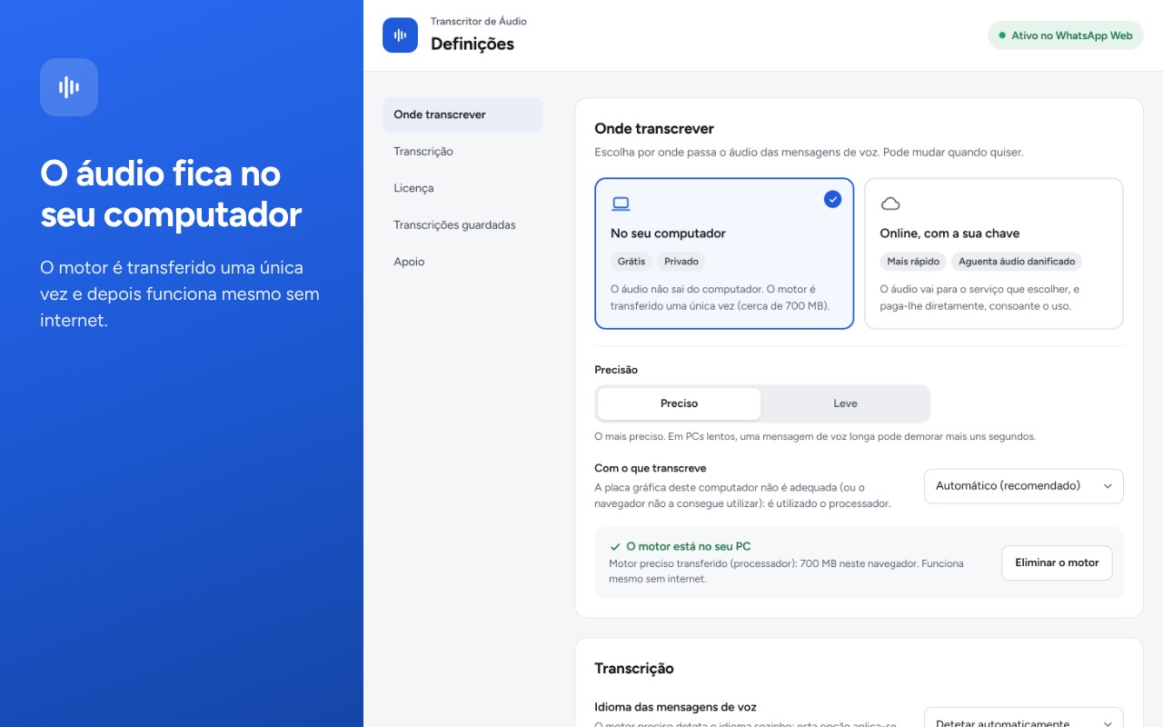 Definições da extensão com o motor local já descarregado