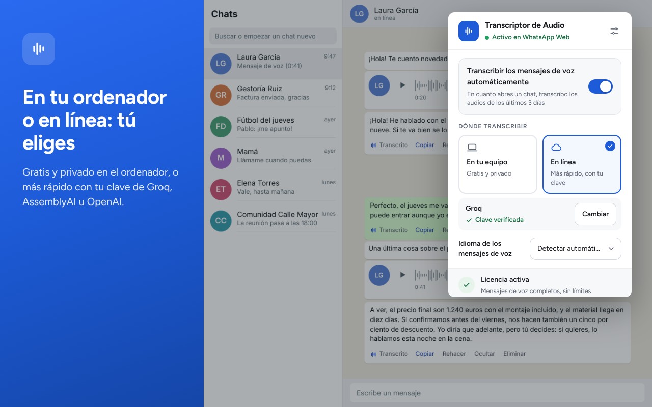 Panel de la extensión: motor local o servicio en línea