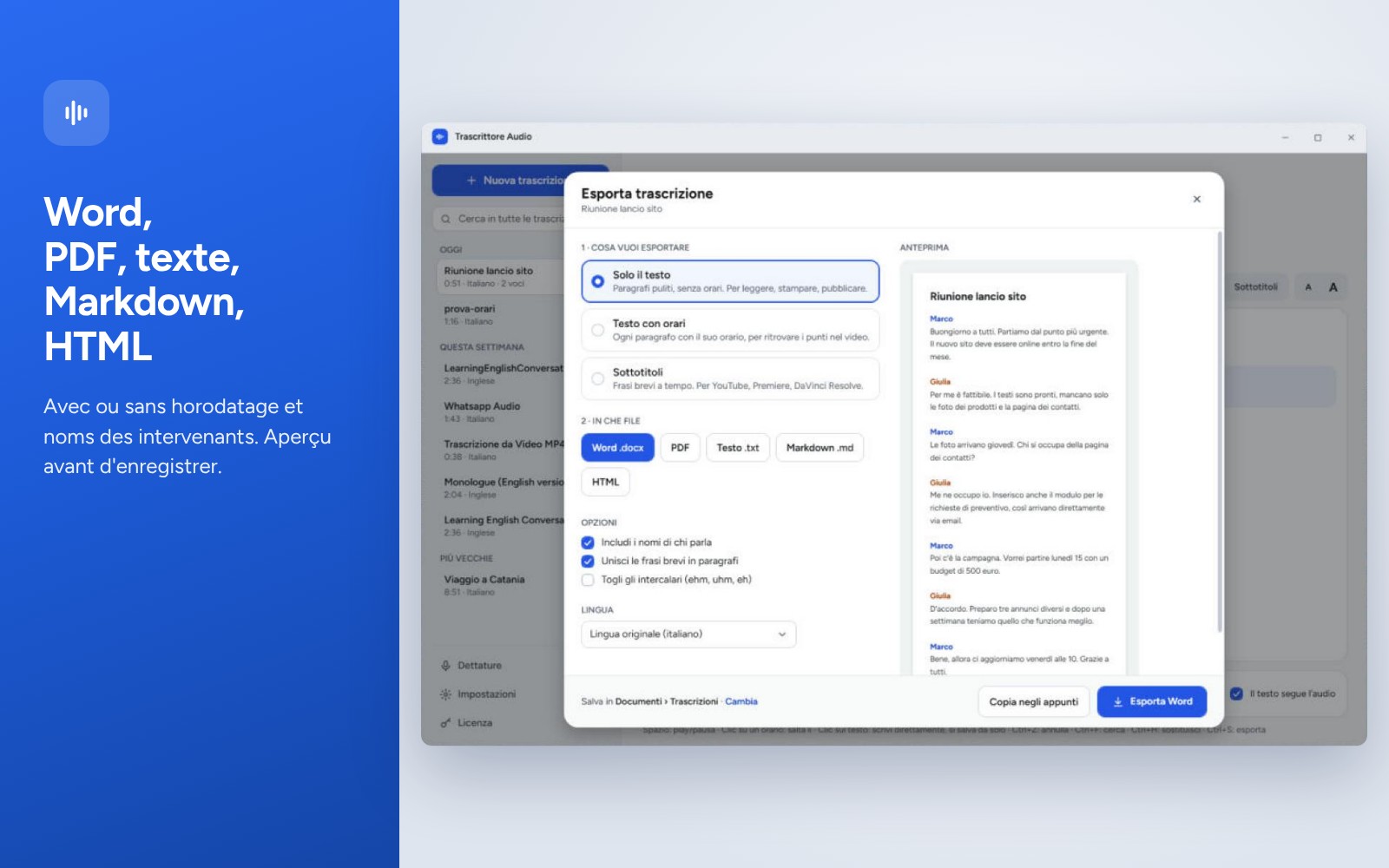 Export Word, PDF, texte, Markdown et HTML avec aperçu