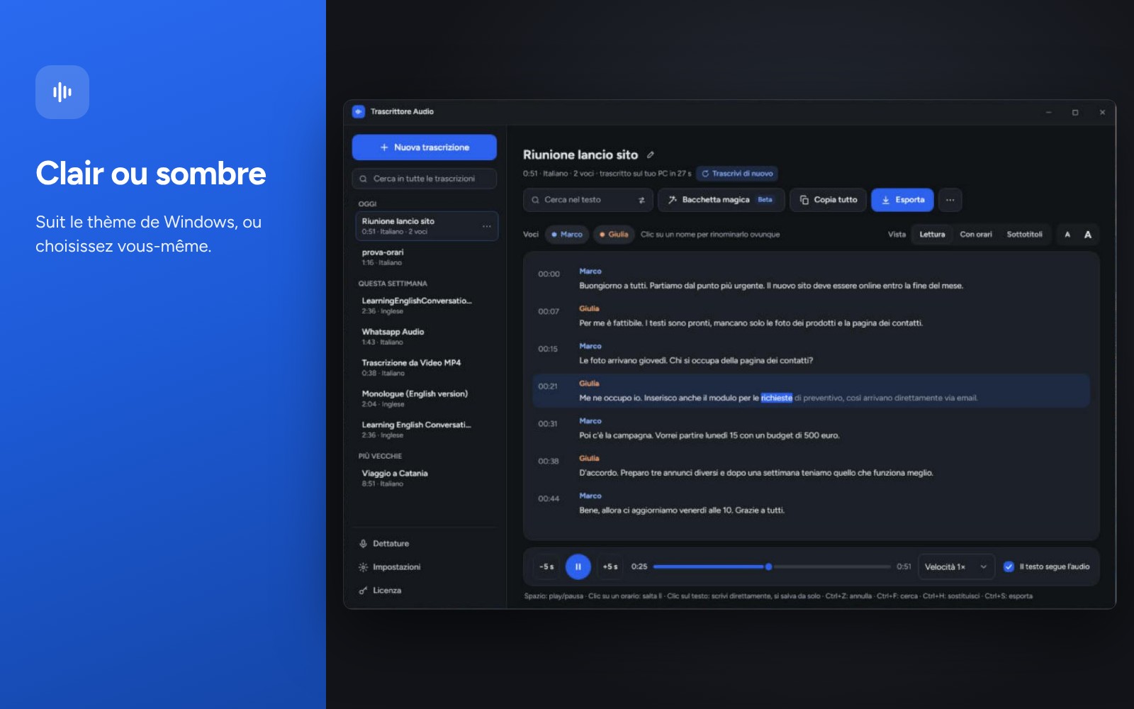 Le logiciel en thème sombre